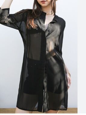 Francesca’s Black Sheer Beach Shirt Dress